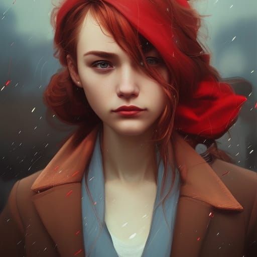 girl, red balloon, red coat, cloudy sky, city street