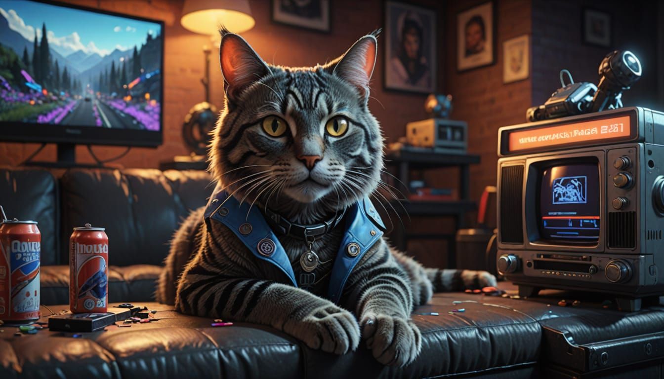 A male cat in a ’90s outfit sits on a couch beside a 1992 Sony CRT TV, surrounded by game cartridges, ...  by @KirbyIsFinn