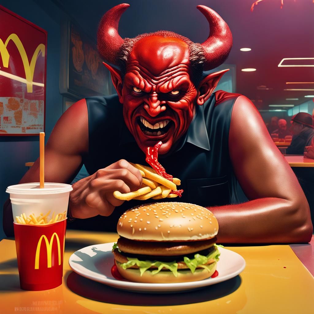 satan sitting in a mcdonalds eating a big mac