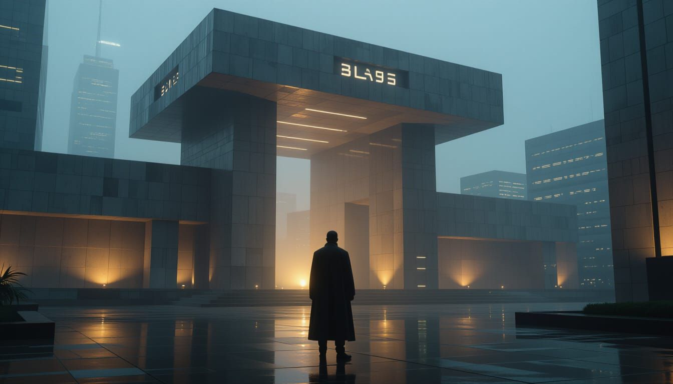 "Create an epic minimalist scene inspired by Blade Runner 2049. Showcase a liminal, brutalist structure with atmospheric futuristic lighting...
