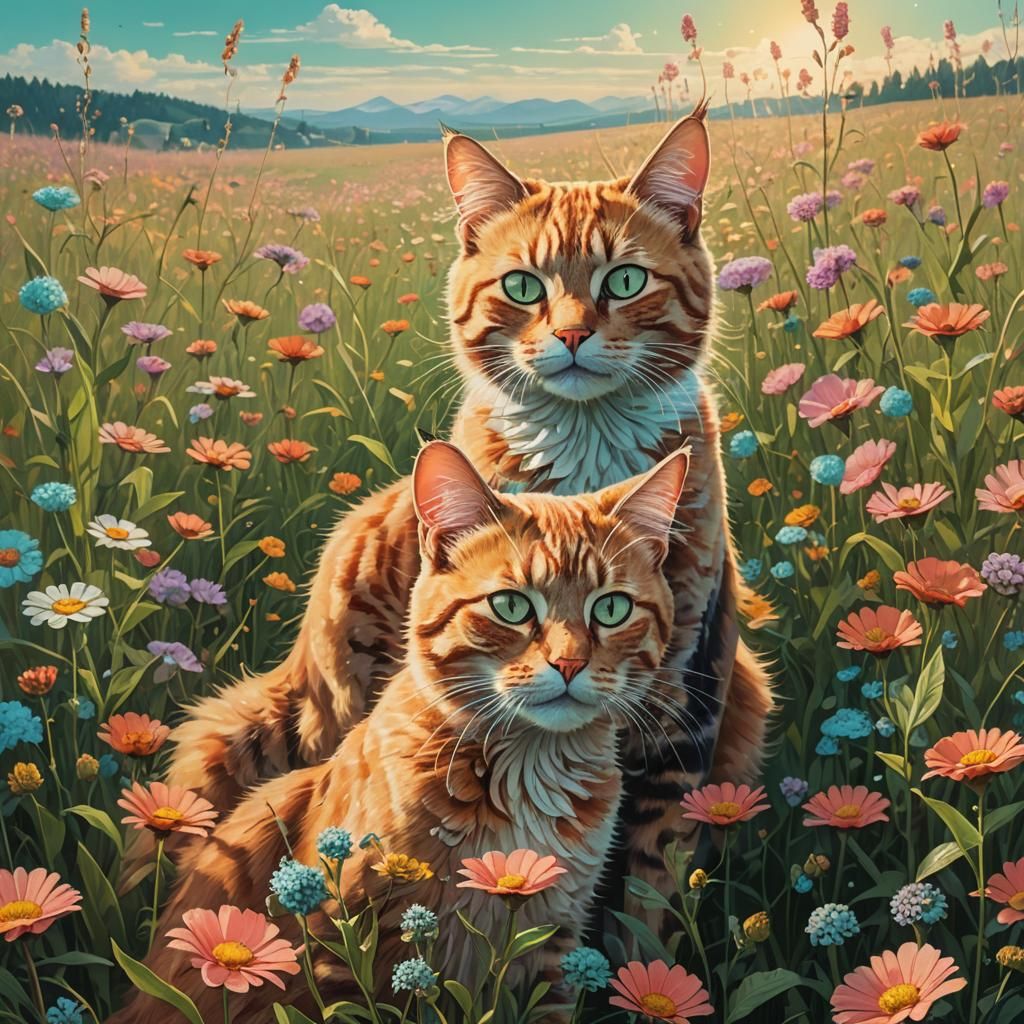 Magical Realism: Cat Couple in Floral Meadow