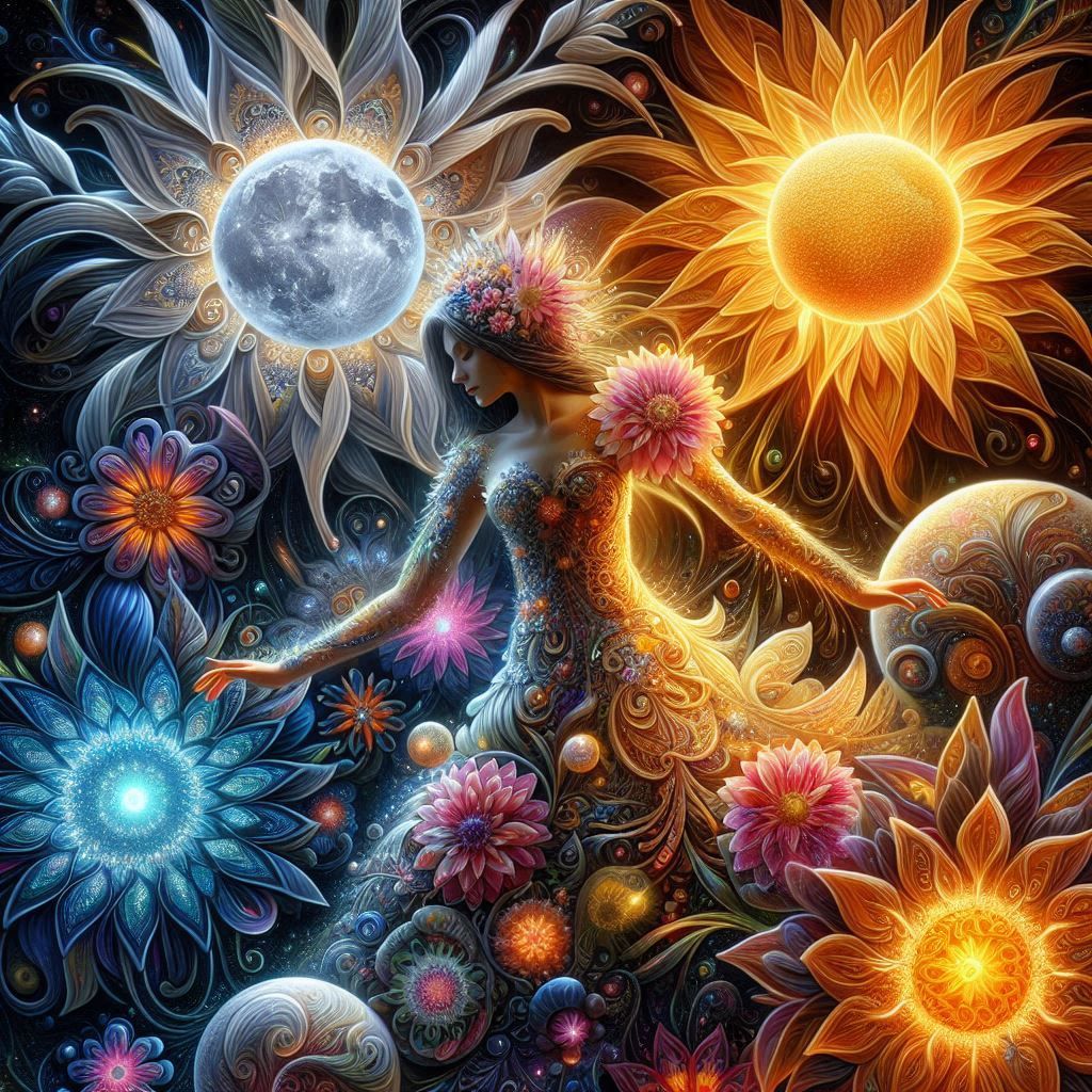 woman dances among vibrant flowers made from sun and moon elements