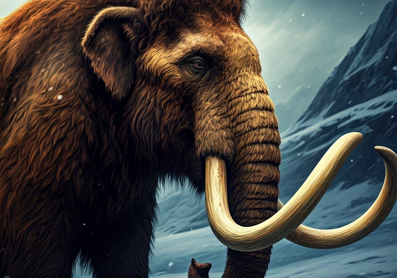 close up of the woolly mammoth migration, snow icy landscape in the style of Jean-Baptiste Monge highly ...  by @Kindly Offer