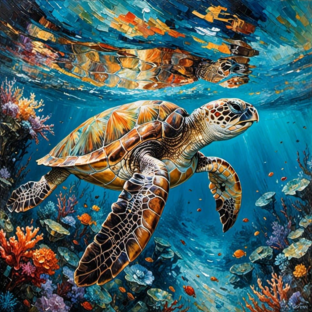 Honu swimming underwater in magnificent coral reef <lora:Impasto Painting:1.0> 