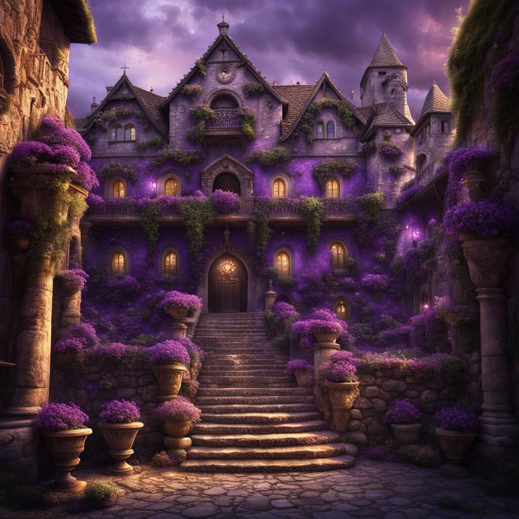 Very rich, large stone inn, Purple decorations, dark fantasy, medieval, italy architecture 