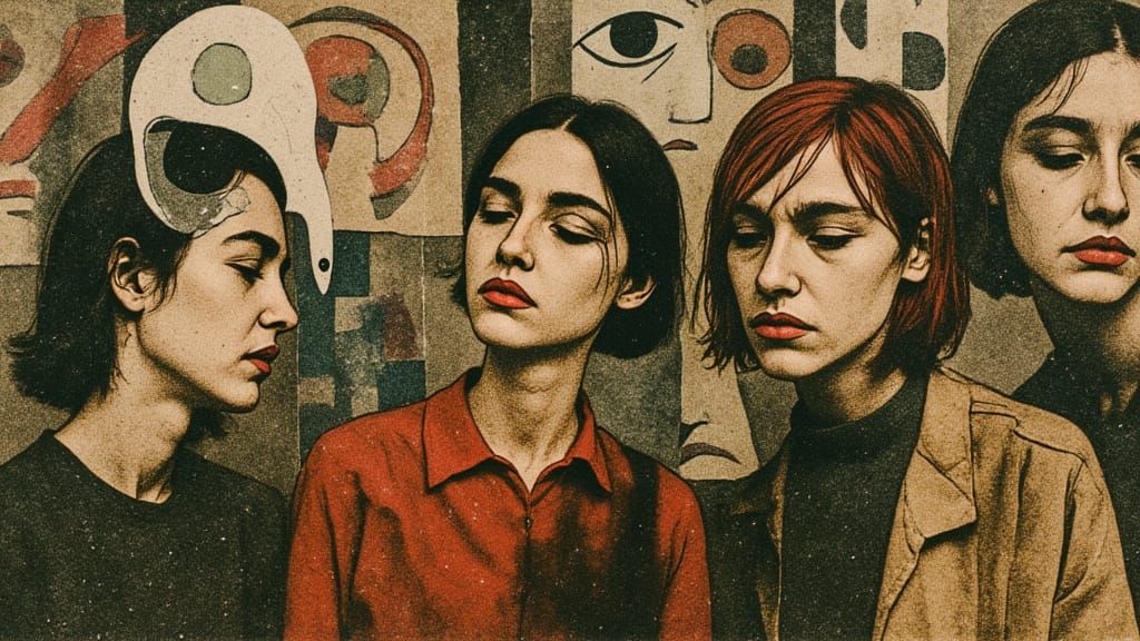 <lora:Mythprint:1.0>  mixed media surreal Elongated abstract absurd creatures in naive folk art attire dancing a conga line, adorned with vi...