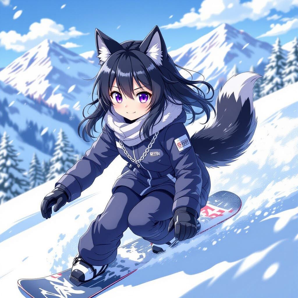a 10 year old girl with black hair and purple eyes with a silver chain in the snow and wolf ears and tail
on a snow boar...