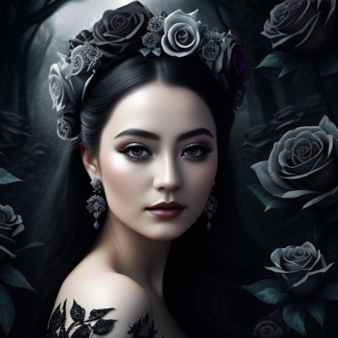Lady surrounded by black roses