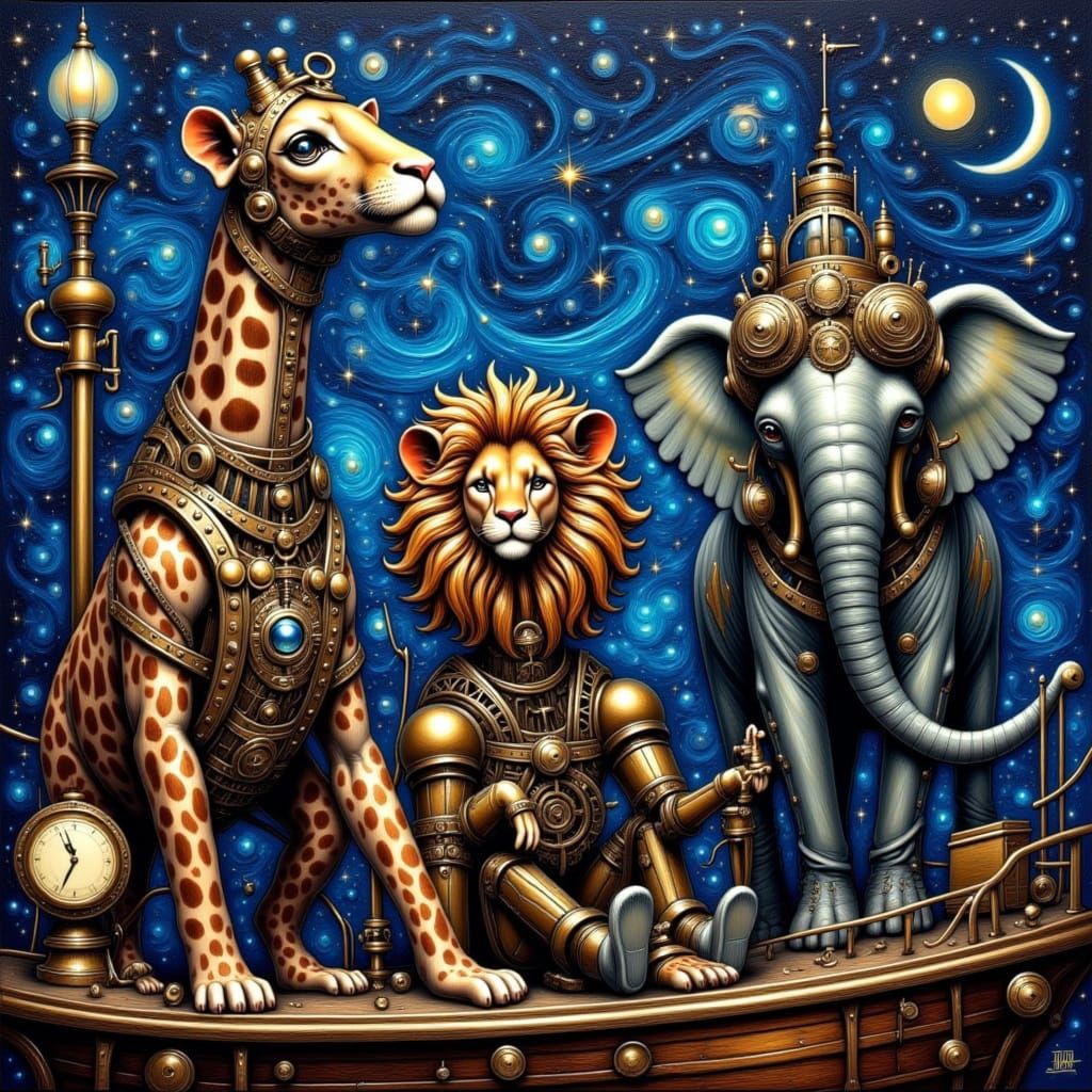 <lora:Steampunk and more:1.0>Steampunk Animals on a Steamship, a lion, a giraf and an elephant, goggles and mechanical gears - a starry Nigh...