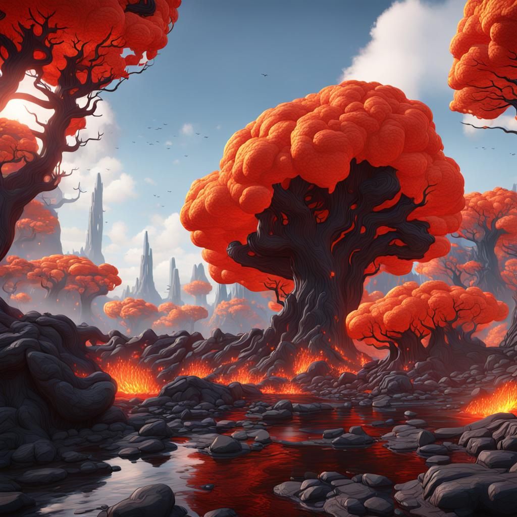 Surreal Lava Landscape with Plastic Trees