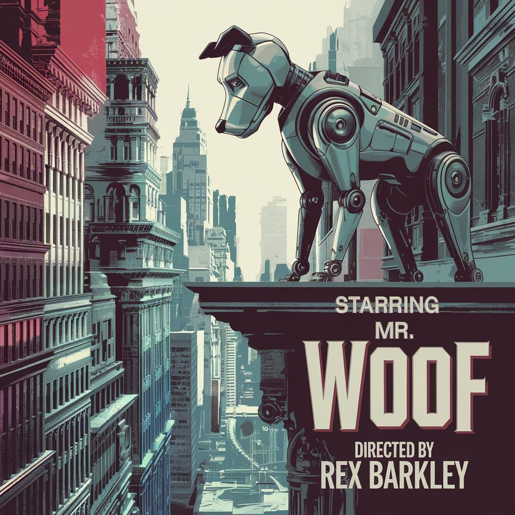 Robotic Dog Detective Movie Poster in a Deep Cityscape