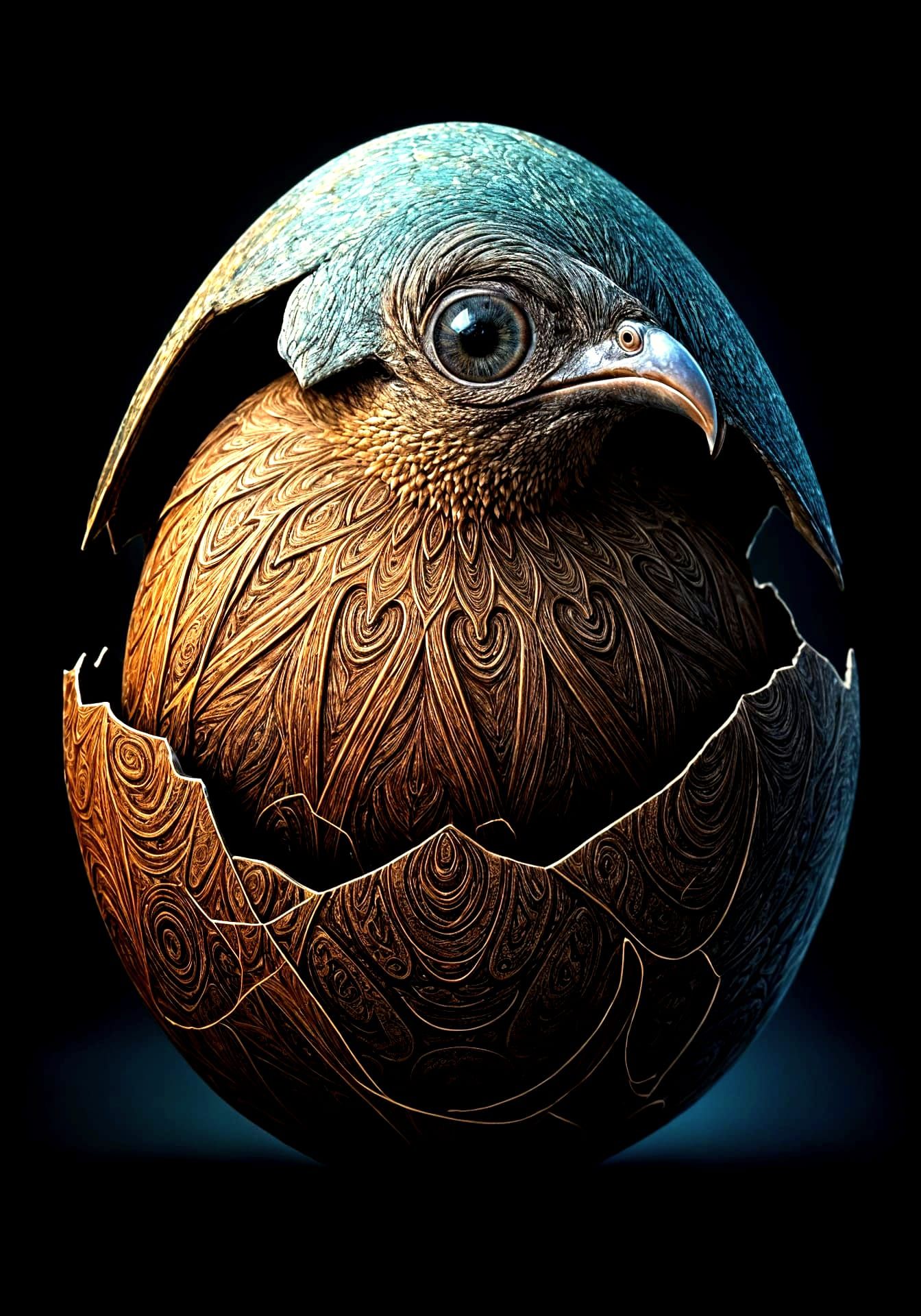 large dynamic contrasting color egg hatching open. Beak of bird appears to be cracking open from inside ...  by @Showy