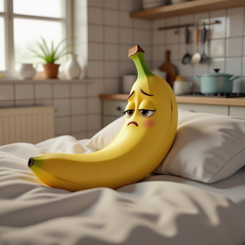 cartoon banana is sick in bed. He sadly looks to the left and then slowly to the right. Then he closes his eyes and frow...