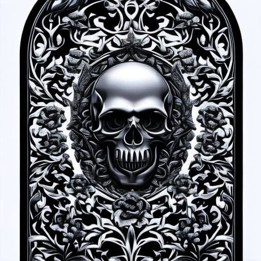 Silver engraved skull surrounded by roses, thorns, hyper rea...