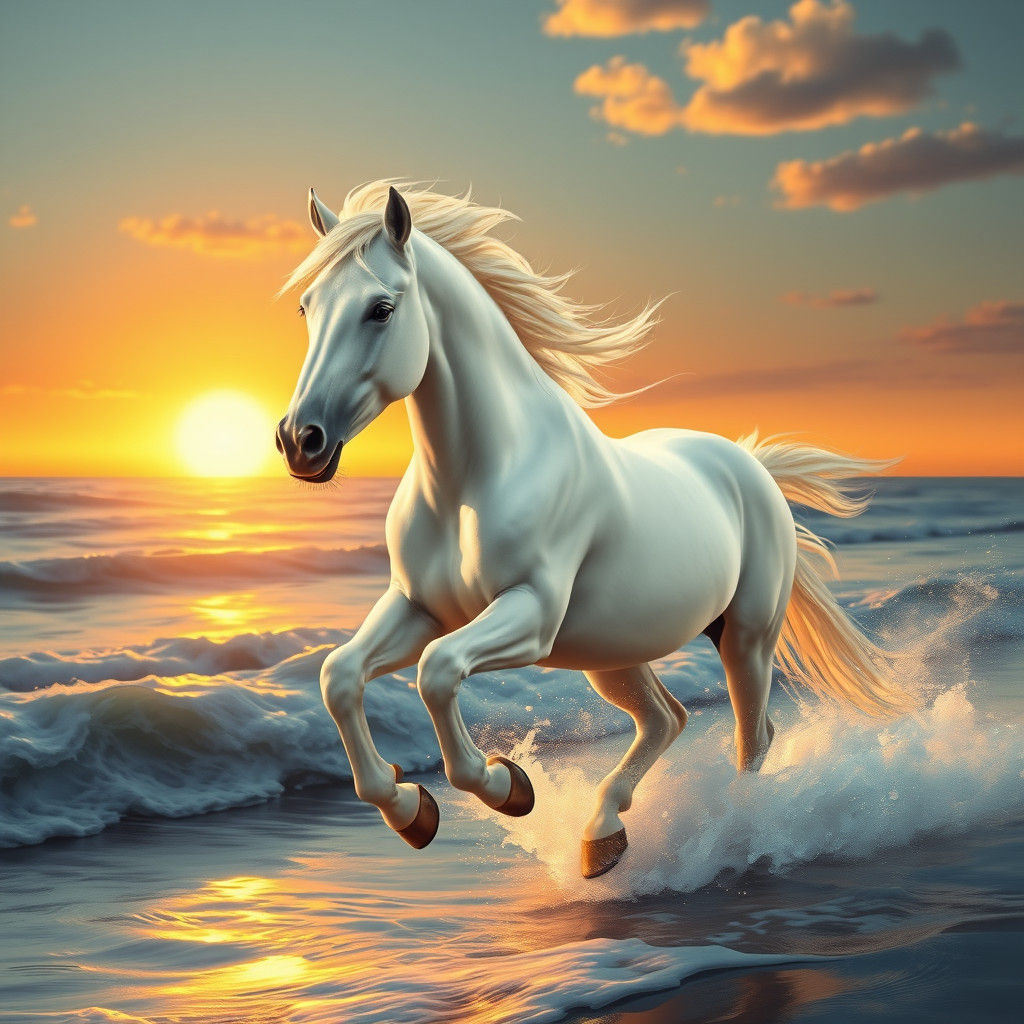 White Horse Galloping on Beach at Sunrise