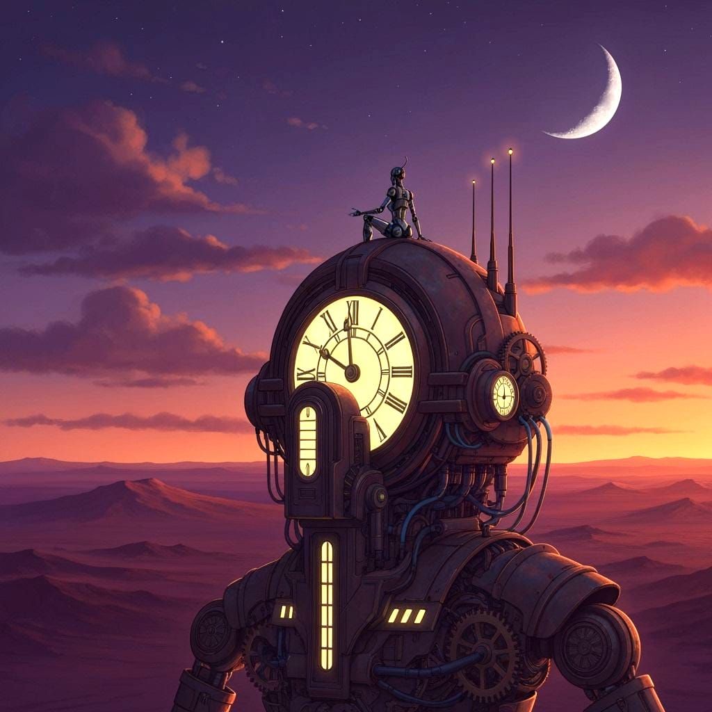 A solitary figure, a female robot, sits atop a colossal, ancient clockwork automaton that overlooks a vast, tranquil desert landscape at twi...