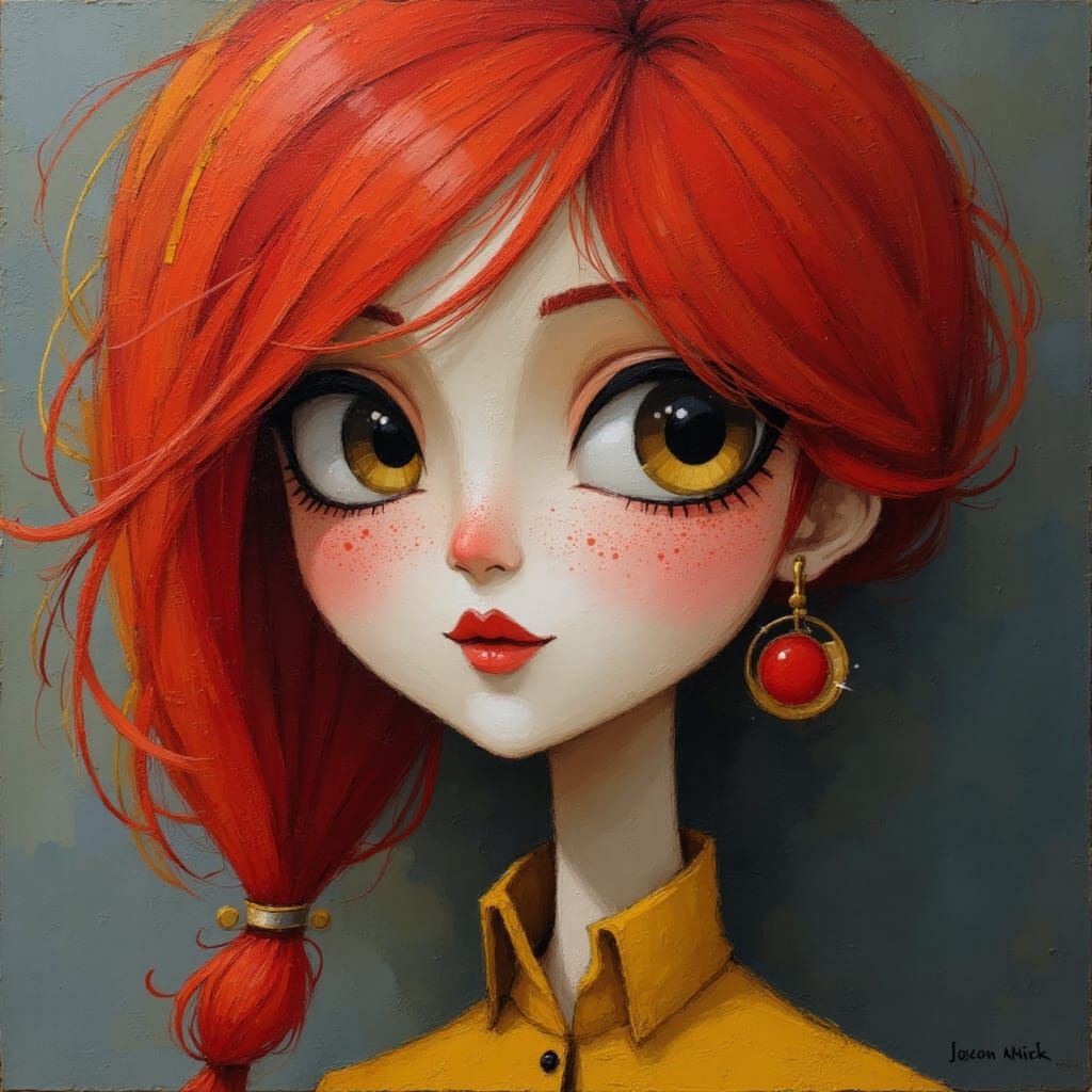 Magical, ethereal gypsy punk, wild red hair, huge eyes, freckles, cheeky, lively, adorable, 3/4 profile, close up <lora:Geo Dada:1.0>