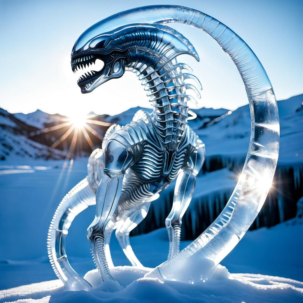 High quality photo, beautiful shimmering crystal neon alien xenomorph sculpture carved from ice, in a ...  by @Paddy OBrien