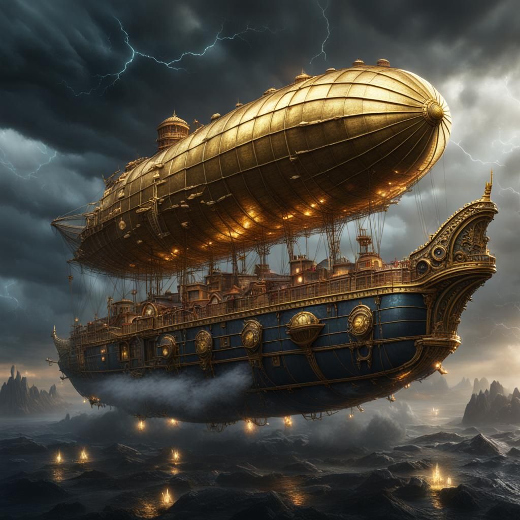 Gilded Airship Soaring Through a Thunderstorm