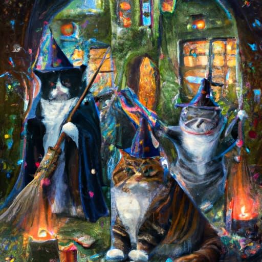 Harry potter wizard cats with wands outside of Hogwarts school of witchcraft and wizardry all in robes 
The cats are a male Tuxedo cat,
A ma...