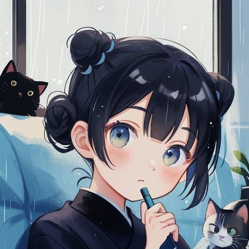 Mysterious Chinese Girl Contemplates Nighttime with Feline C...