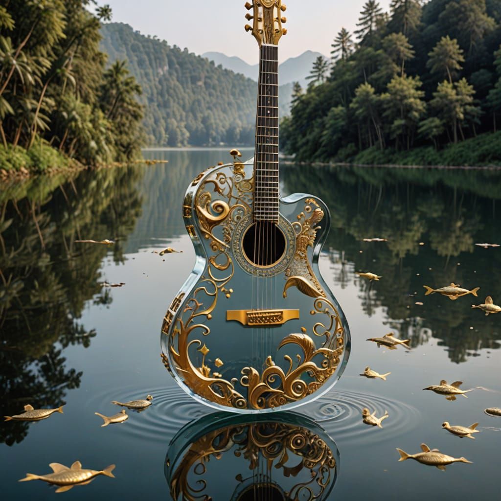 Ornate Transparent Guitar Floating on Lake