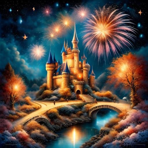 Firework above Fairy castle, dark night sky, <lora:Spin Glow SD15:1.0>