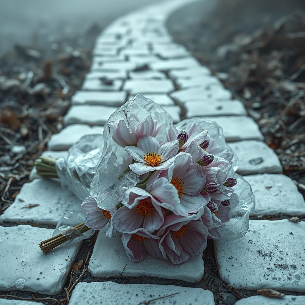Frozen Bouquet on a Misty Stone Path in Hyperrealistic Detai...