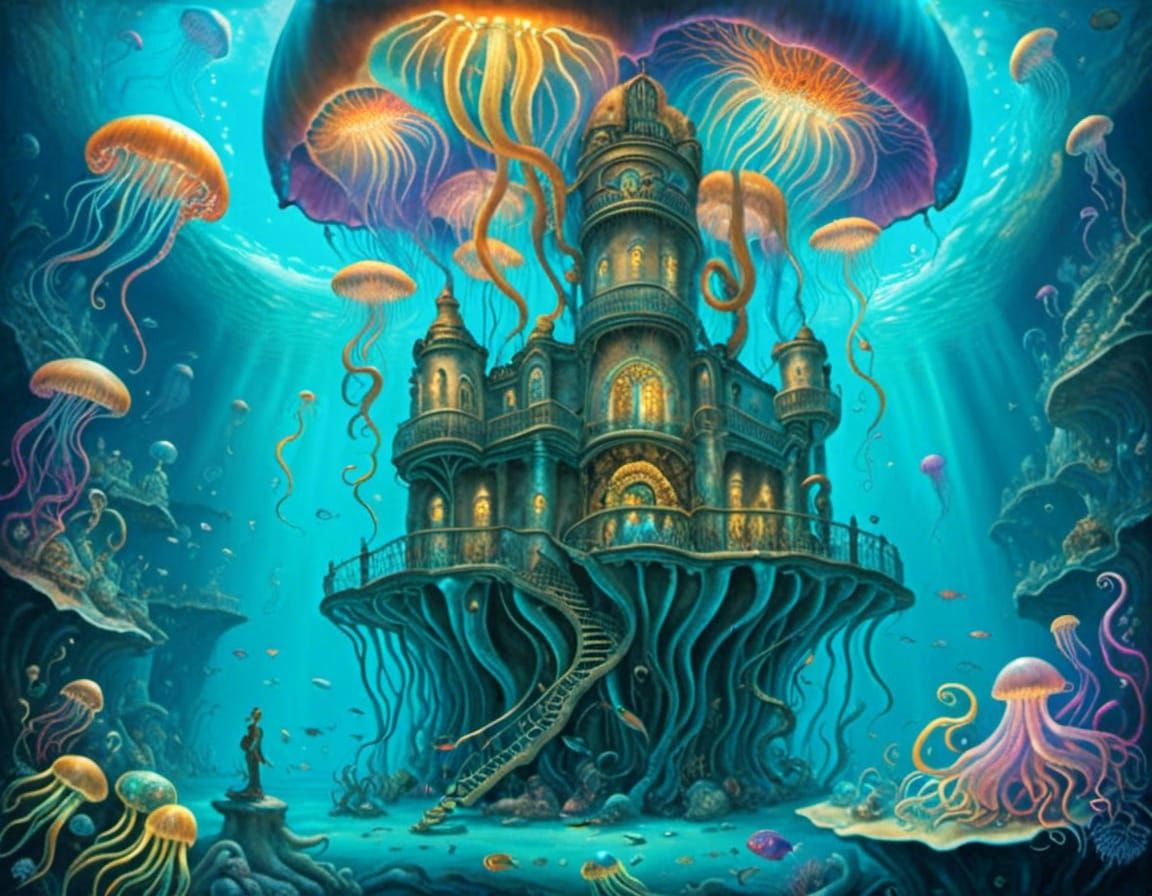 <lora:Jellyfish Bloom:1.0> Fantastical Undersea Castle Surrounded by billowing Jellyfish  by @HisBride