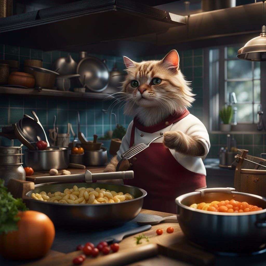 A cat being a chef in a busy kitchen  by @richard craig