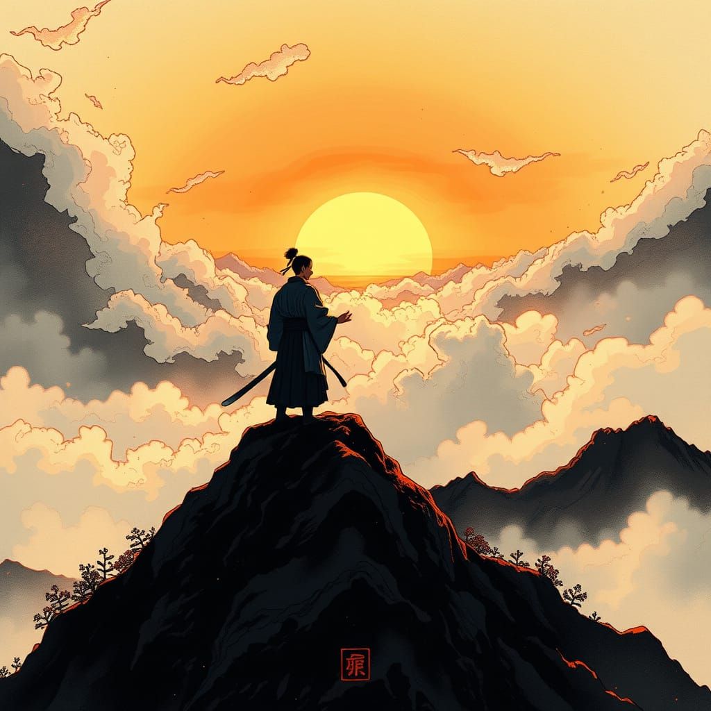 Martial Artist Meditates on Misty Mountain Peak