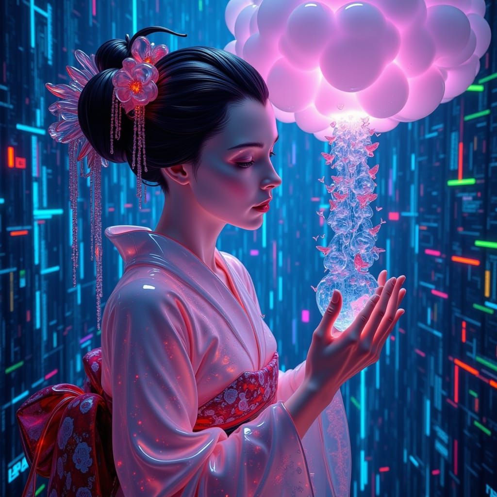<lora:VisceraNode:1.0> A majestic geisha with intricate cybernetic enhancements gracefully descends from a neon-lit cloud, her delicate hand...