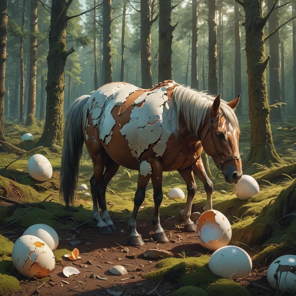 Horse Emerges from Egg in Lush Forest