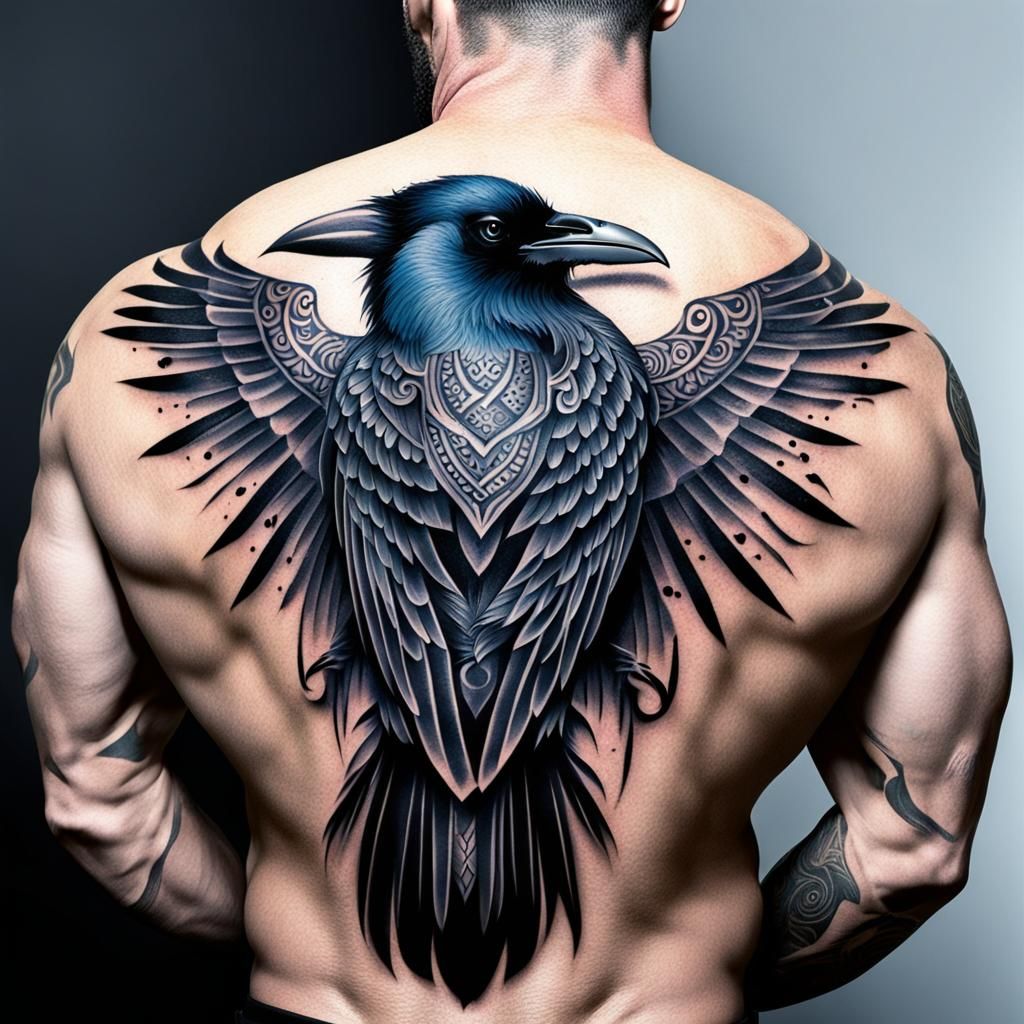 Tribal style raven tattoo on a man's back