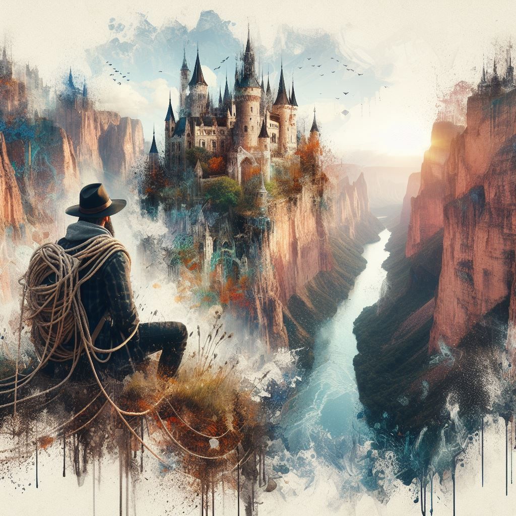 Hiker resting high above a canyon, looking over the castle and environment