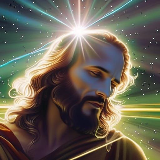 Jesus is beamed up to a spaceship., raising in a ray of light ...