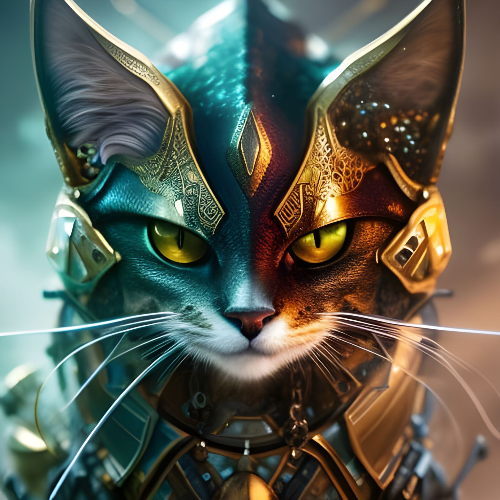 Armored Steampunk Cat Portrait in Fantasycore Style