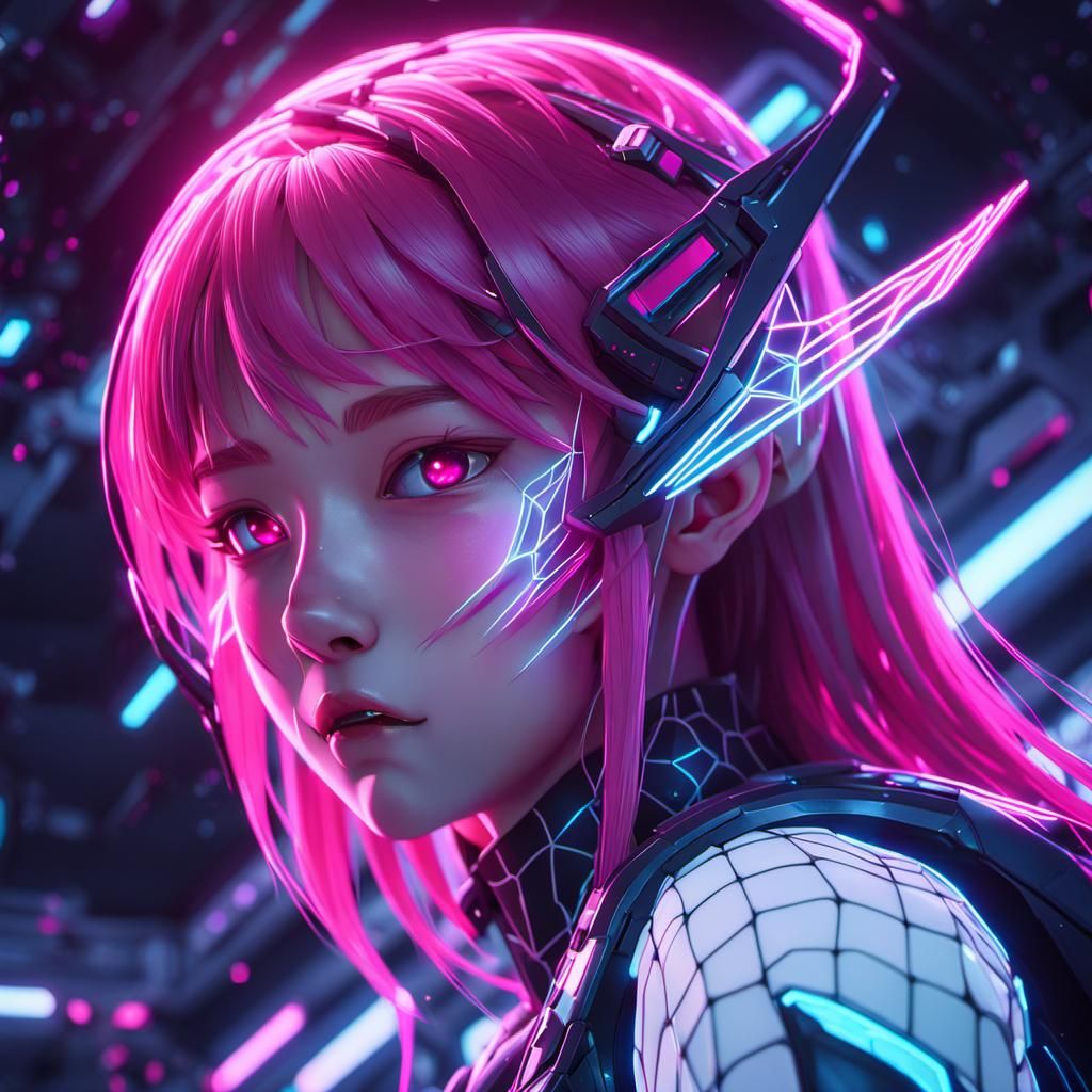 Space spider with bright pink fangs in web spaceship.