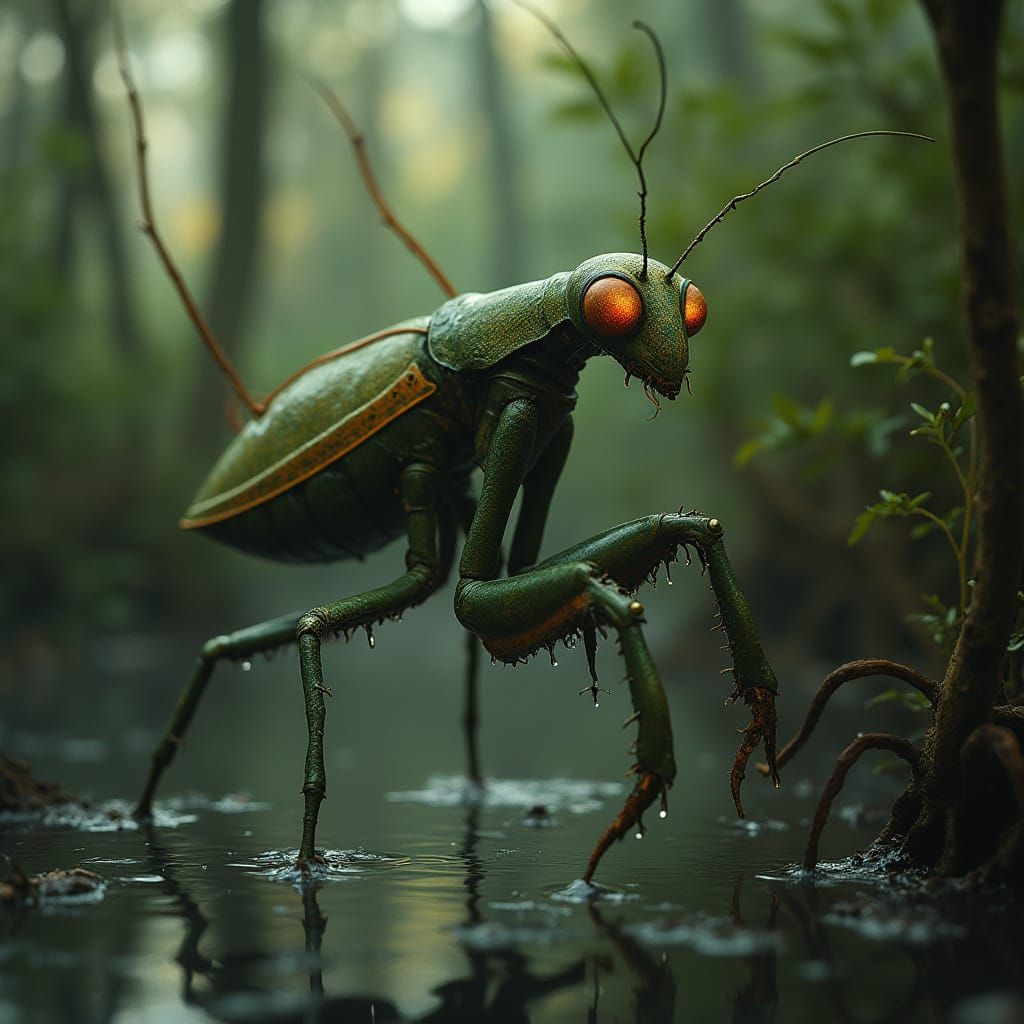 A majestic praying mantis hunts