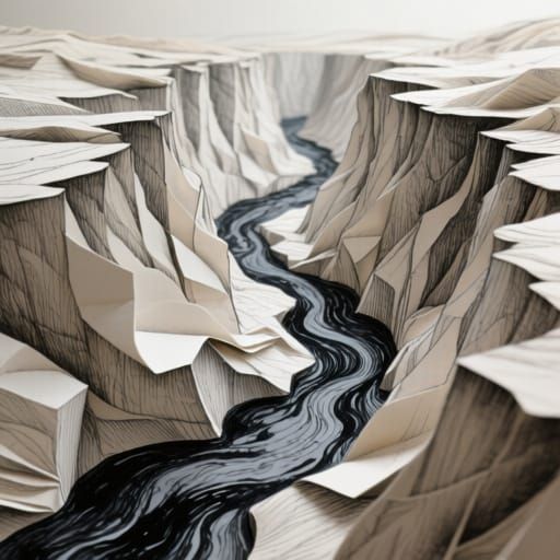 A canyon carved entirely from folded paper, rivers of ink flowing between its folds. Professional, masterpiece, highly detailed, 8K. Mystica...