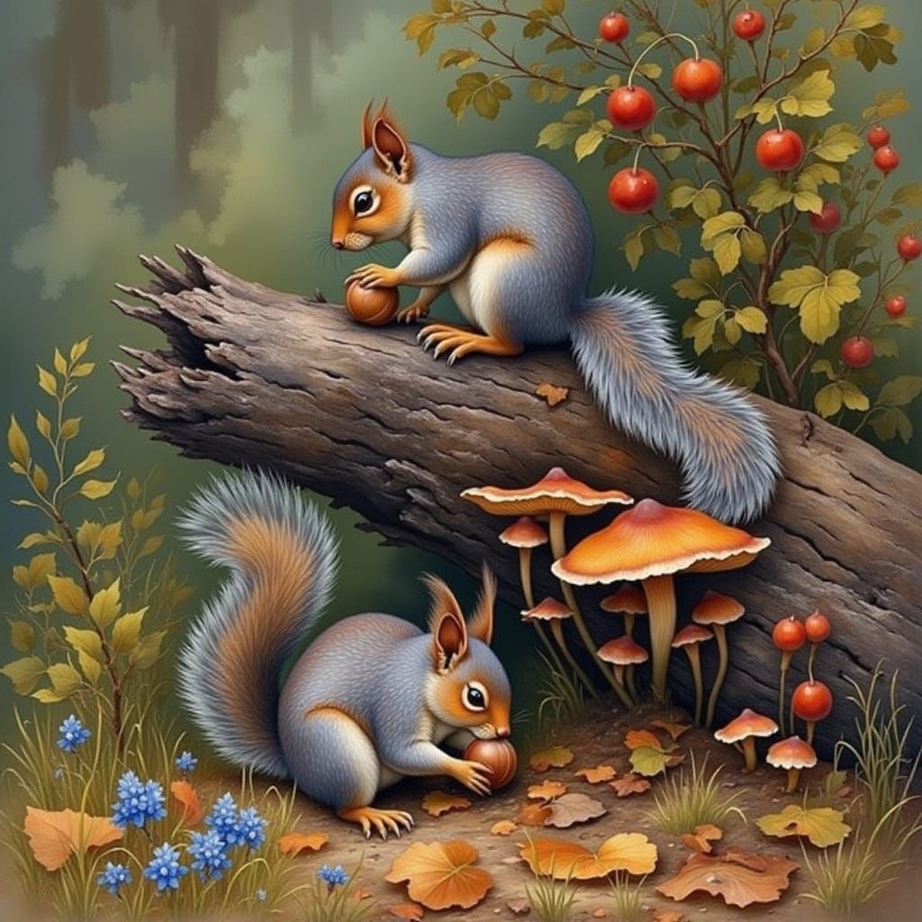  Two Gray squirrels are on the ground foraging for Acorns.   