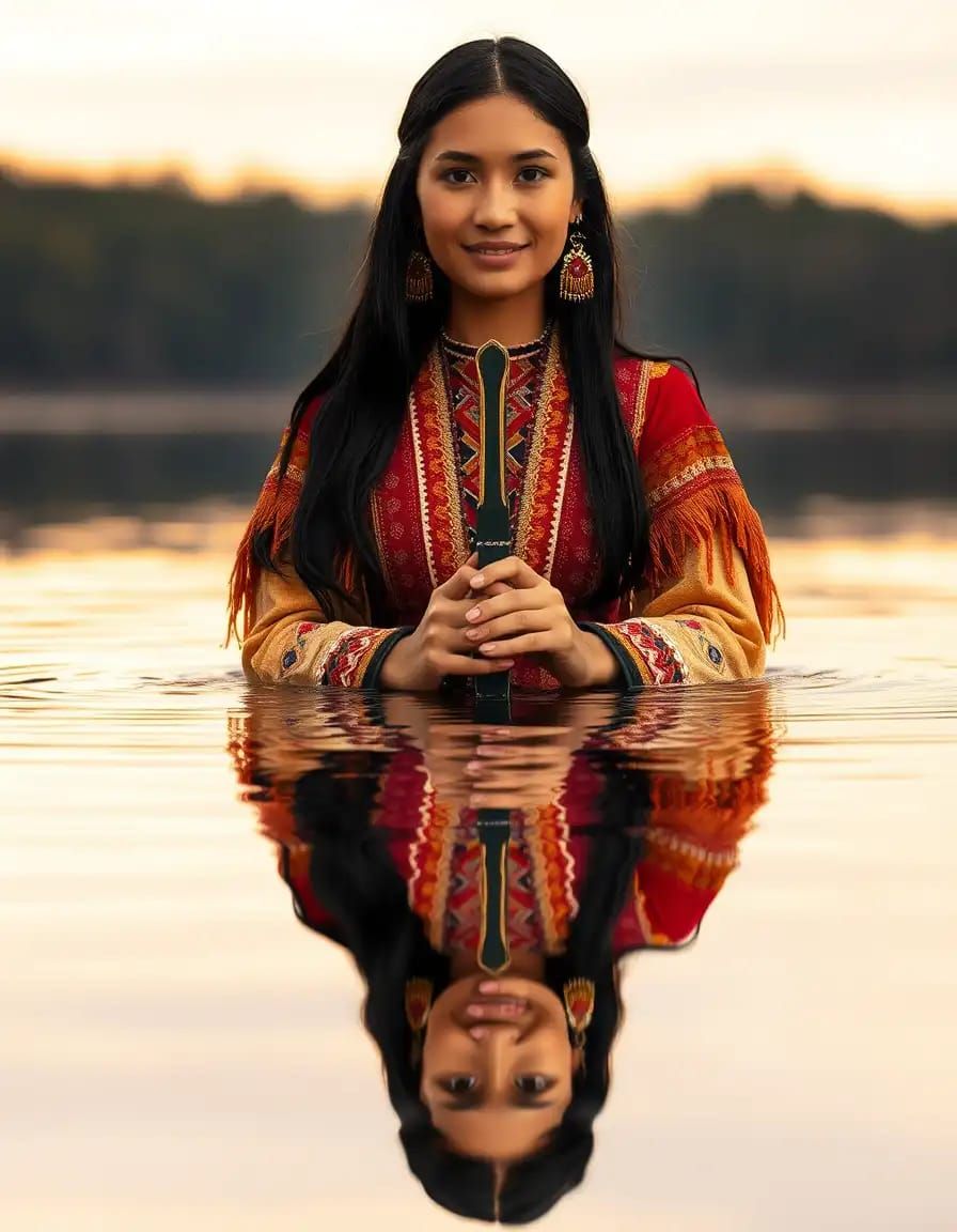 A close-up portrait of a serene and majestic Iroquois prince...
