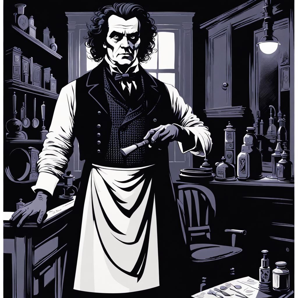 Sweeney Todd, the serial killer barber, standing in the shad...