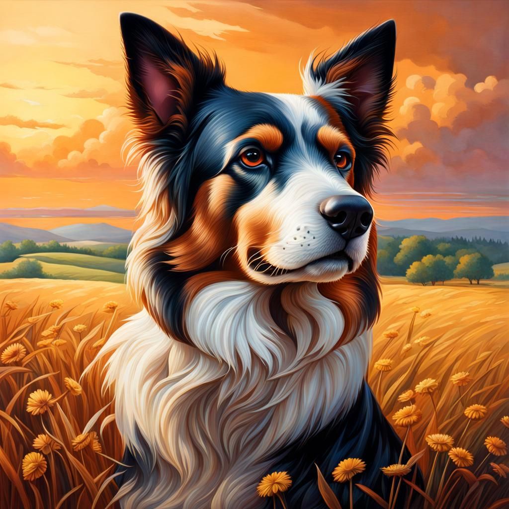 Traditional dog portrait, with the dog looking dignified and...