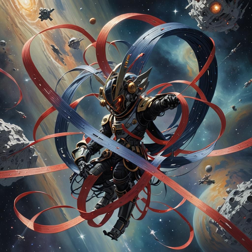 Irredecent  thread weaving a ribbon in space