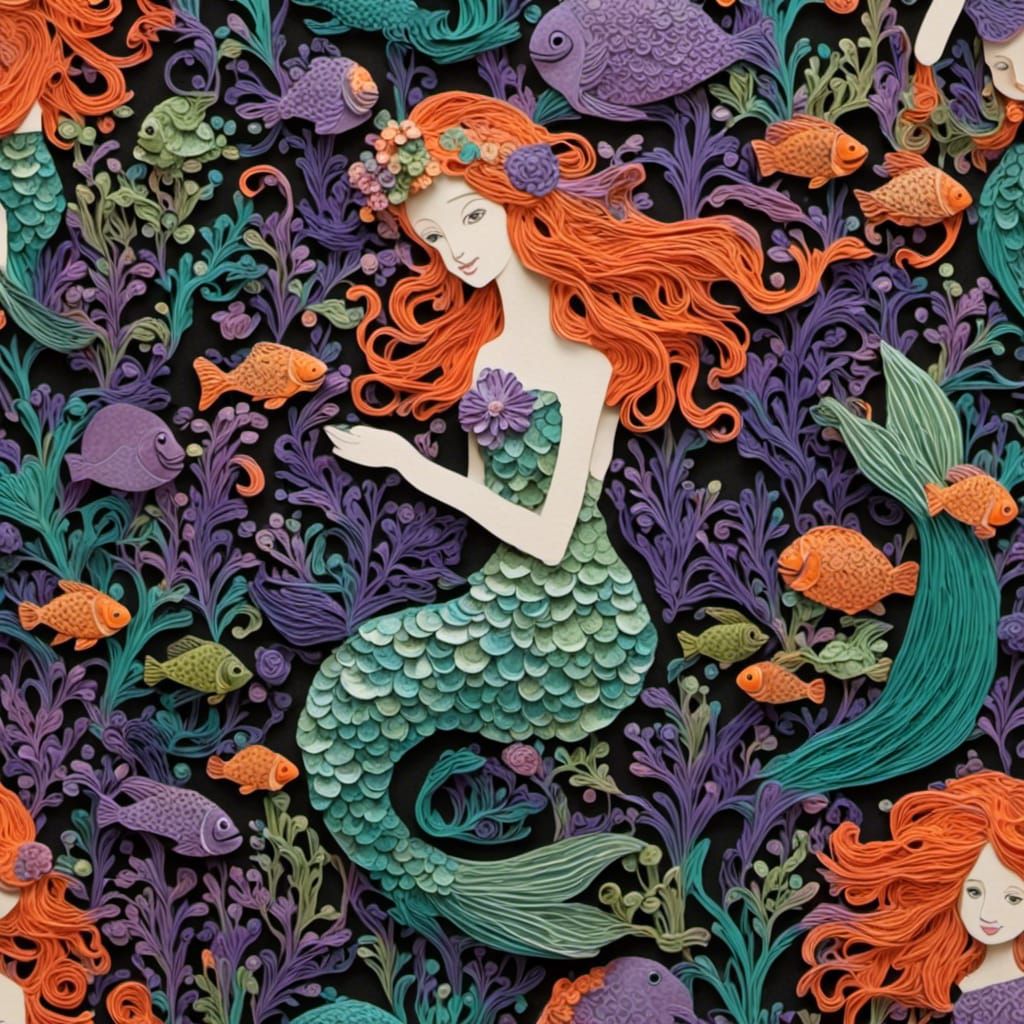 Portrait of a mermaid under the sea, vibrant colors, intricate and detailed, black background, purple, green, orange, <lora:paper:1.0>