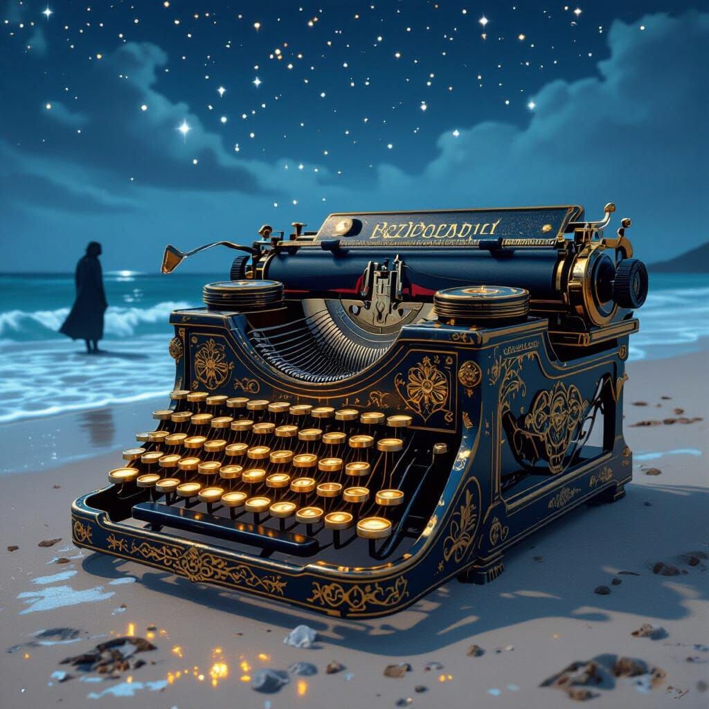 Vintage Typewriter on Starlit Beach in Retro Sci-Fi Style