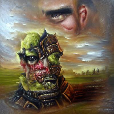 Fantasy oil painting portrait of a battle-scarred orc warrio...