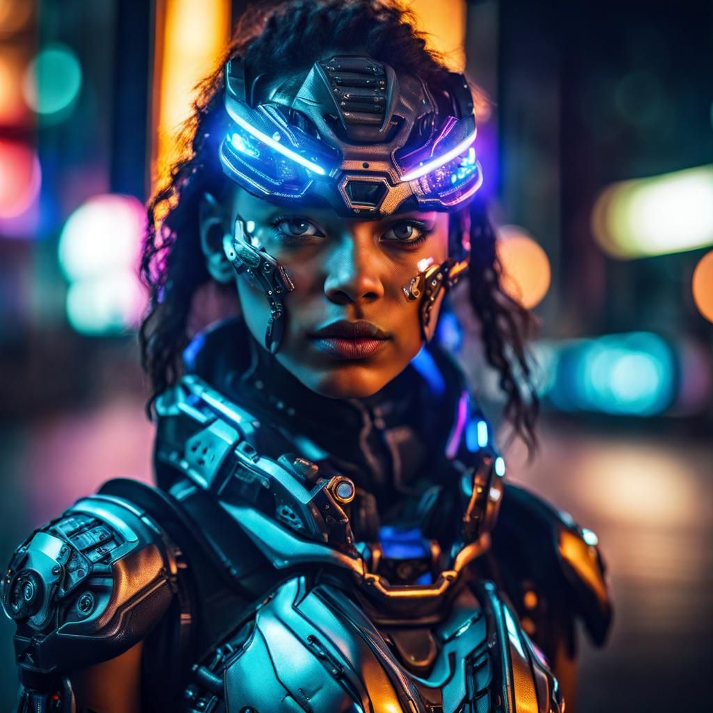 Portrait of a cyborg girl wearing futuristic face armor in a...