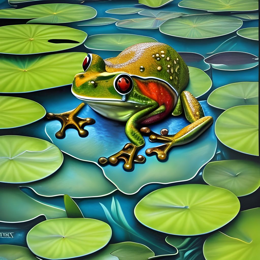 Lush Pond with a frog Sitting On A Water Lilly